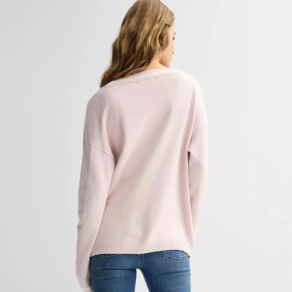 Pink Republic M Ivory Tan Stripe Trim Knit Button V-Neck Cardigan with Pockets - Picture 2 of 14